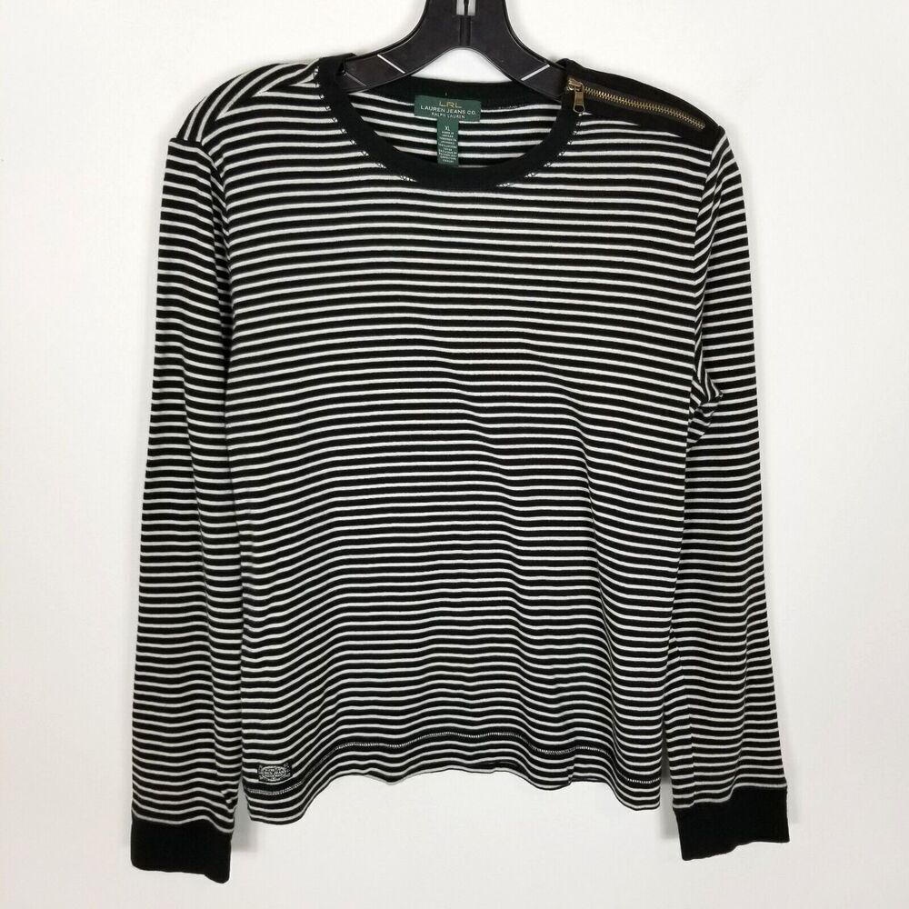 Lauren Ralph‎ Lauren Women Striped Pullover Sweater Size XL Elbow Patch Zip Neck
